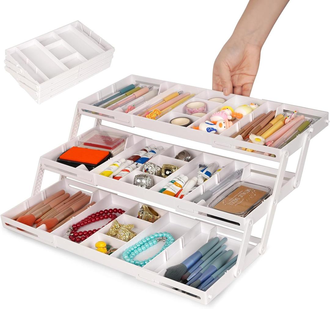 3 Tier Drawer Organizer - Expandable Junk Drawer Organizer Smart Office Supply Organizer, Folding Drawer Storage Multi-level Desk Organizer for Makeup,Jewelry,Kitchen Storage (1 Row 3 Tier, White)