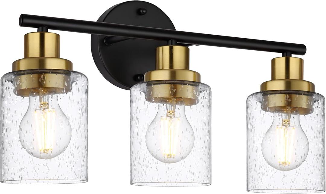 3 Light Vanity Lights for Bathroom,Black and Gold Bathroom Light Fixture with Clear Bubble Glass Shade,Modern Wall Sconce Lights for Mirror,Bedroom,Living Room,Hallway Cabinet Porch,E26 Base