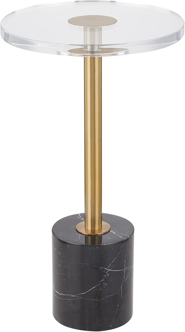 LIKENOW Furniture Acrylic Side Table,Clear Small Round End Table for Living Room,Bedroom,Office | Modern Nightstand with Marble Base,Gold Post,Clear Top for Drink,Food,Snack,Assembly(Black)