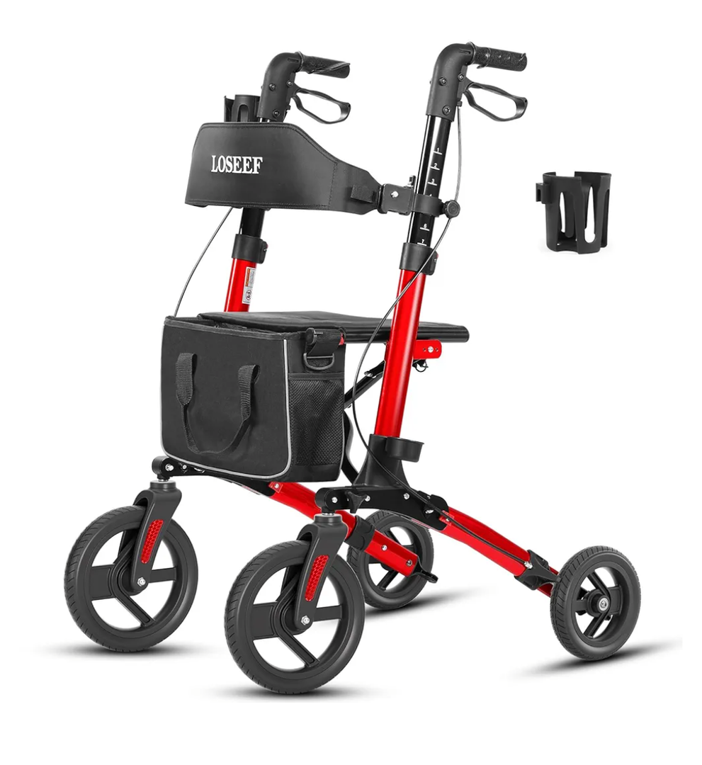 Foldable Rollator Walker with 10” Front Rubber Wheels, All-Terrain Rollator Walker with Seat, Adjustable Backrest and Handles, 350 Lb, Cup Holder, Lightweight 4 Wheel for Seniors Red