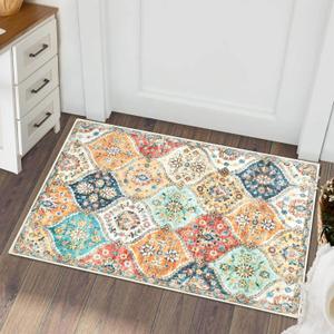 Washable Area Rug Moroccan Trellis Entryway Rug Doormat Stain Resistant Non-Slip Accent Rug Vintage Medallion Distressed Floor Carpet for Front Entrance Kitchen Bathroom, Cream, 2' x 3'
