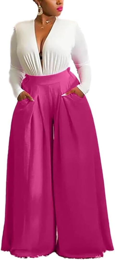 Hostoyo Casual Plus Size Wide Leg Palazzo Pants for Women Lounge High Waist Skirt Pants with Pockets Elastic Waistband (Pink, XXL)