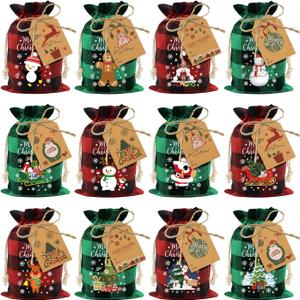 Aviski 60PCS Cotton Small Christmas Drawstring Candy Treat Bags Buffalo Plaid Xmas Xmas Christmas Fabric Goody Gift Sacks Reusable Gift Wrapping Bags Holiday Party Favors - Red/Green
