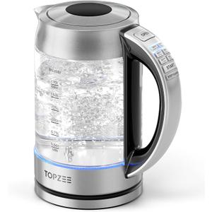 TOPZEE 1.7L Glass Electric Kettle for Coffee & Tea, Hot Water Boiler with 6 Preset Temperatures, Keep Warm and Memory Function, Auto Shutoff & Dry Boil Protection, BPA Free, Rapid Boil, 1500W, Silver