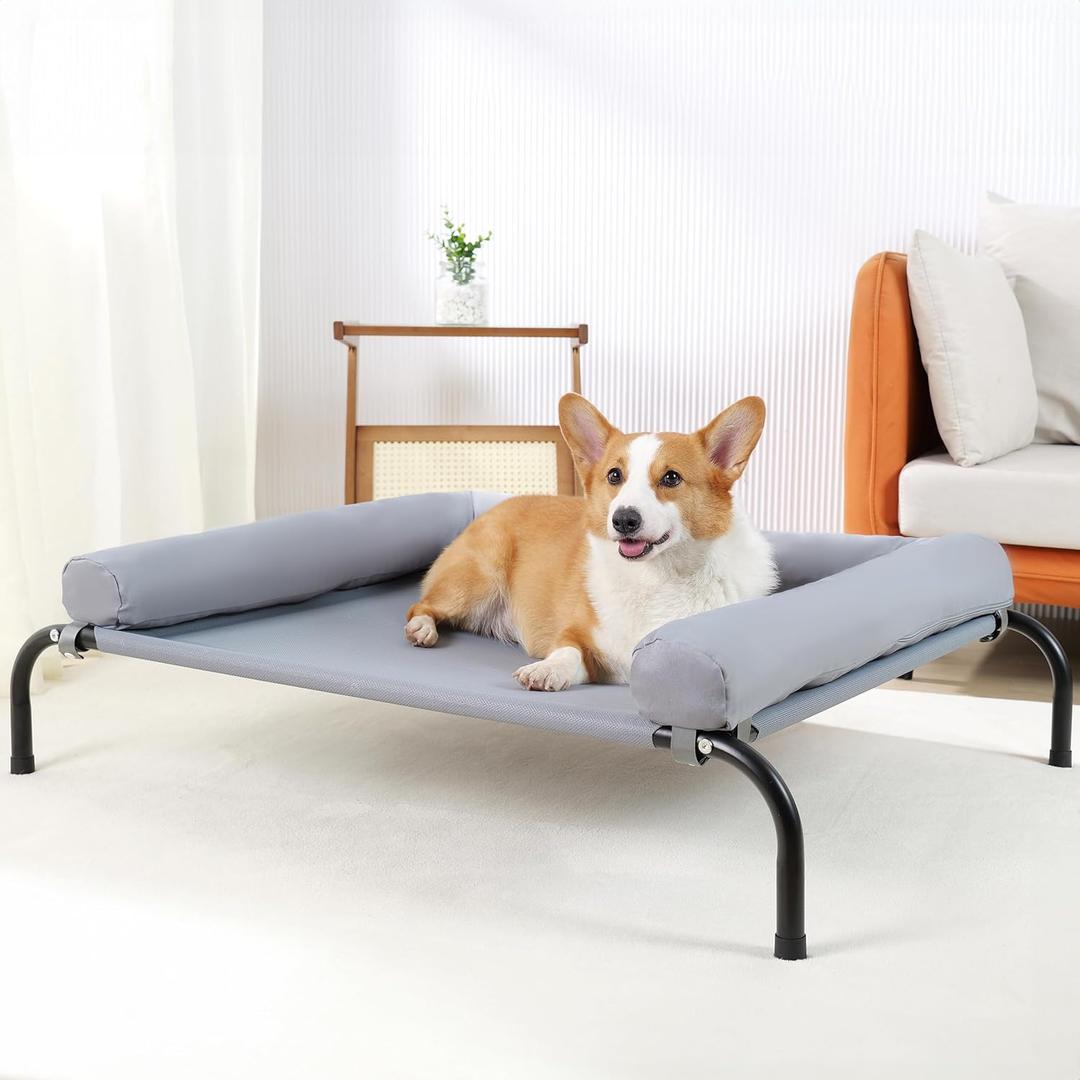 Cooling Elevated Dog Bed with Pillows,Portable Washable Raised Dog Cot with Chew Proof Mesh and Metal Frame,No-Slip Rubber Feet for Indoor & Outdoor Use,Medium,Gray (M(35x26x8)Inches, Grey)