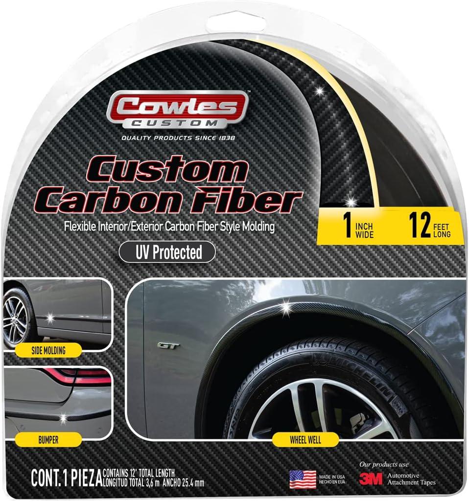 Cowles Custom, 12 ft Carbon Fiber Style Molding, 1 in Wide Flexible PVC Attaches with 3M Tape Car/Truck/SUV/RV Universal Fit Exterior Body Side Decorative Molding Ground Effect. Made in The USA
