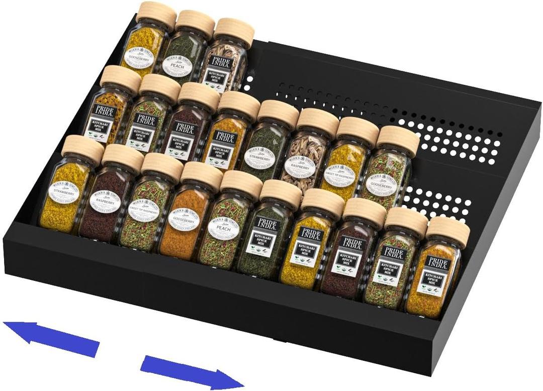 Expandable Metal Spice Drawer Organizer,3-Tier Slanted Seasoning Jars Tray for Kitchen Cabinet Drawers Insert/Countertop (Jars not included)-3Tier,1pack/Black