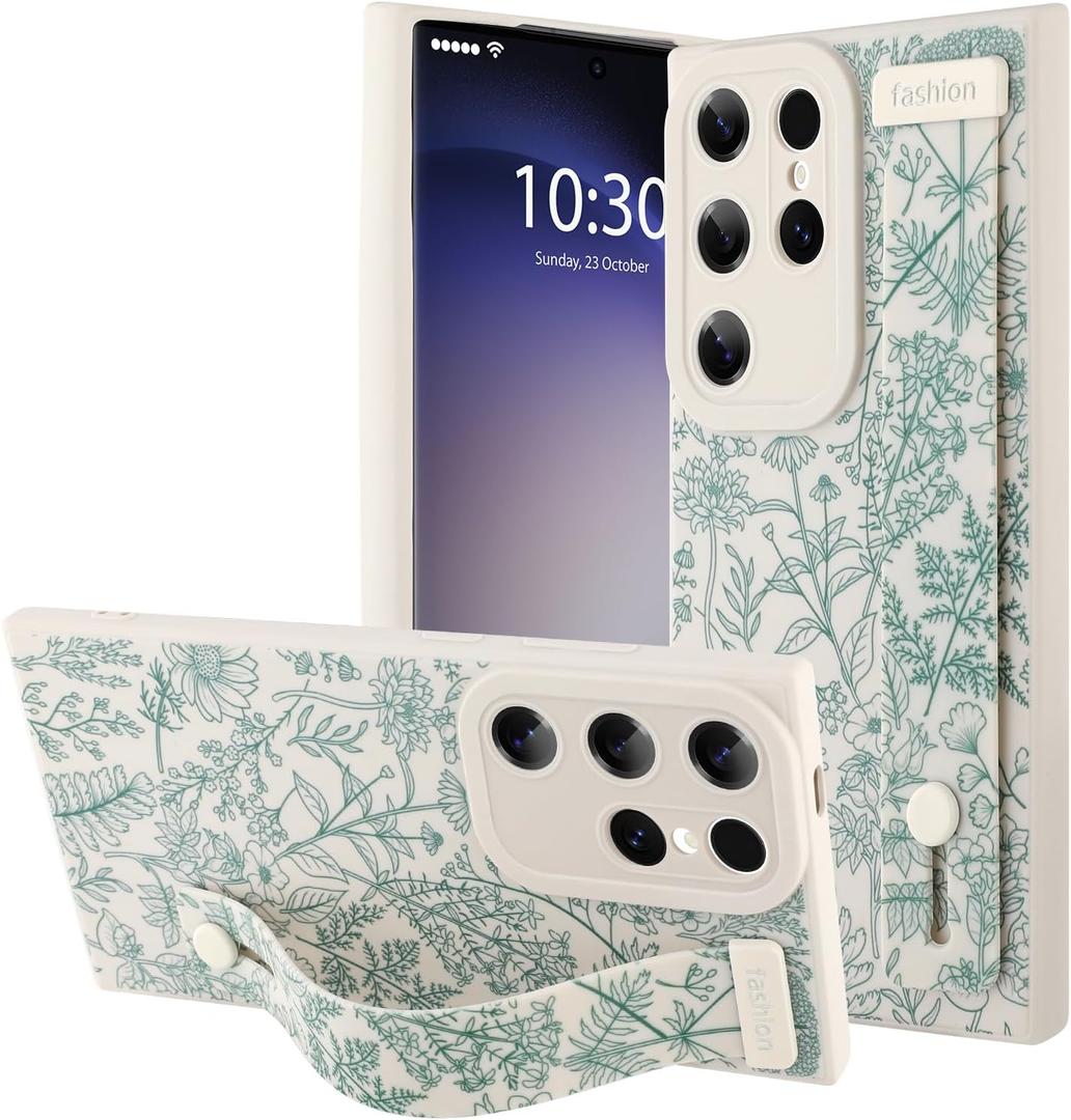 OOK Compatible with Samsung Galaxy S23 Ultra Silicone Phone Case with Strap, Cute Floral Flower Pattern for Women Girls, Adjustable Finger Strap Kickstand Slim Protective Cover, White Sage Flower