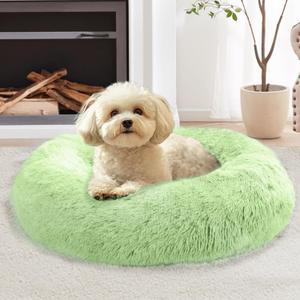 JOLLYVOGUE Calming Dog Beds Large Sized Dog, 36in Donut Washable Large Pet Bed, Anti-Slip & Anti-Anxiety Fluffy Faux Fur Round Dogs Bed, Fits up to 80 lbs Pets (Light Green)