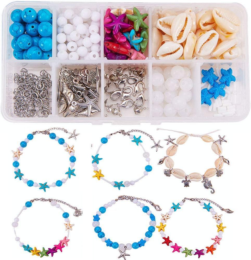 SUNNYCLUE 293Pcs DIY Boho Shell Beads Beach Charm Ankle Bracelet Making Kit Foot Chain Sandal Beads Christmas Adjustable Jewelry Making Kits Starfish Sea Turtle Charms Turquoise Stone Instruction