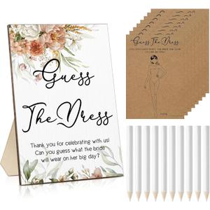 Seajan Guess The Dress Bridal Shower Game Wooden Sign Fun Bridal Shower Games Table Sign 50 Small Guessing Cards 50 Pencils for Guests Wedding Bachelorette Party Supplies (Boho Flowers)