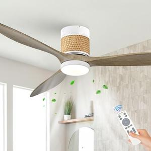 60in Boho White Ceiling Mount Fan Light Dimmable with Remote Control 3 Blade Hemp Rope Ceiling Fan with Light Coastal Weathered Wood Ceiling Fan Outdoor for Balcony Kitchen Bedroom, F22
