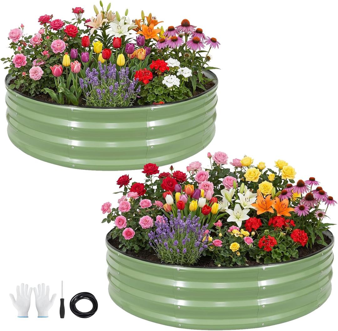 Galvanized Raised Garden Bed Outdoor 2Pcs | 4x4x1ft Metal Raised Beds for Gardening with Safety Rubber Strip | Round Planter Box for Plants Like Vegetables Fruits Flowers, Olive Green