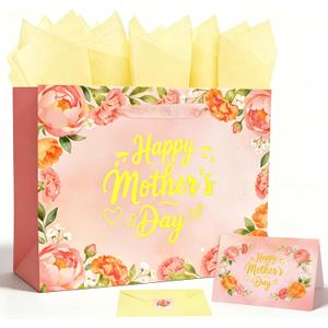 5 x GLURUITE 13" Mothers Day Gift Bag with Card and Tissue Paper Gold Foil Happy Mother's Day & Floral Design for Moms Grandmas Wife