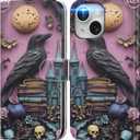 DEENAKIN for iPhone 13 Mini Wallet Case with Card Holder + Cash Clip, RFID-Blocking, Military-Grade Drop Protection, Magnetic Closure with Leather Kickstand - Gothic Skull & Raven