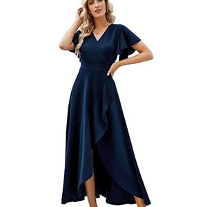 ZZV Formal Dresses for Women Gowns Evening Party Cocktail Dress, Long Split Elegant V Neck Wrap Ruffle Wedding Guest Dresses Navyblue-L