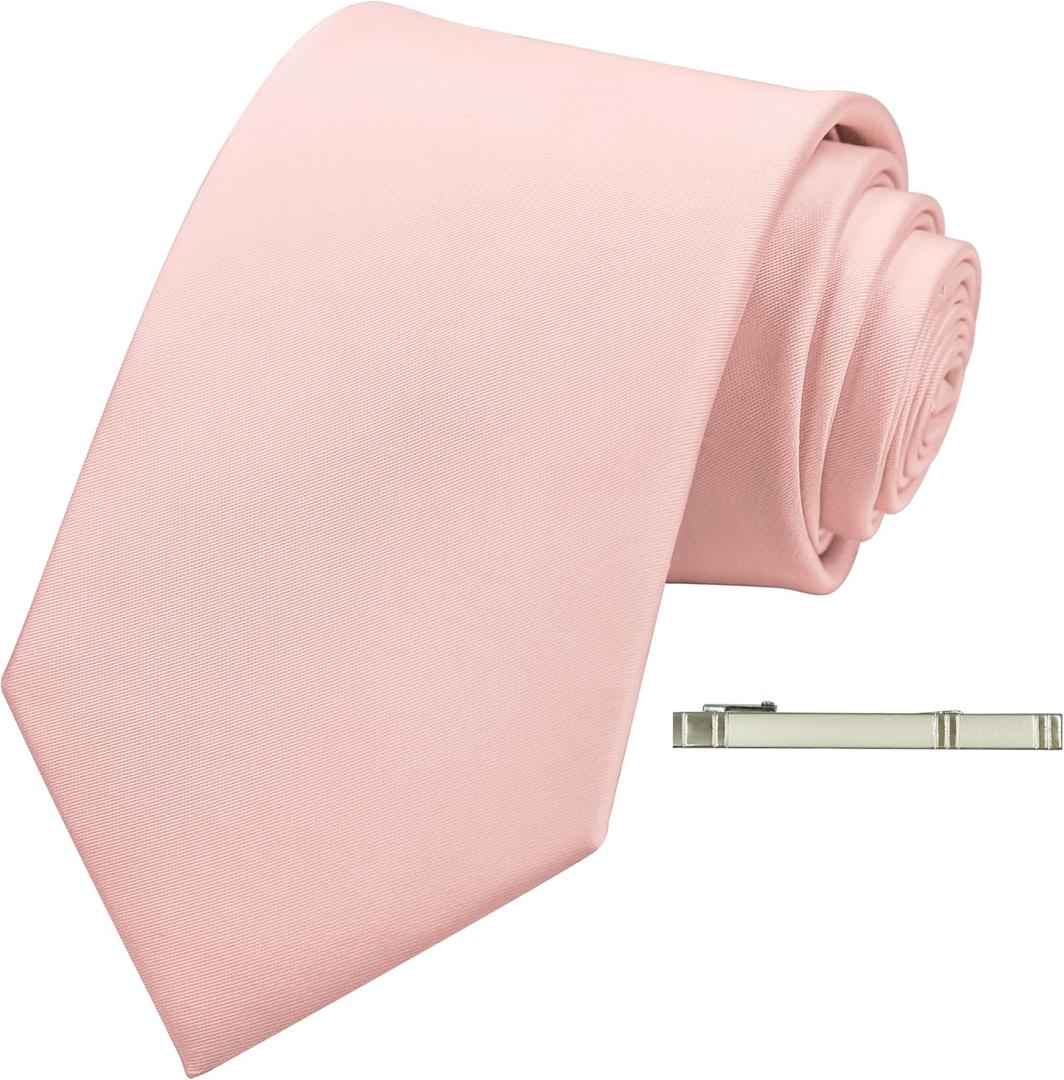 3 Size Silk Satin Mens Tie, Solid Necktie with Clip for Business and Wedding Party + Gift Box (Large, Light Pink)