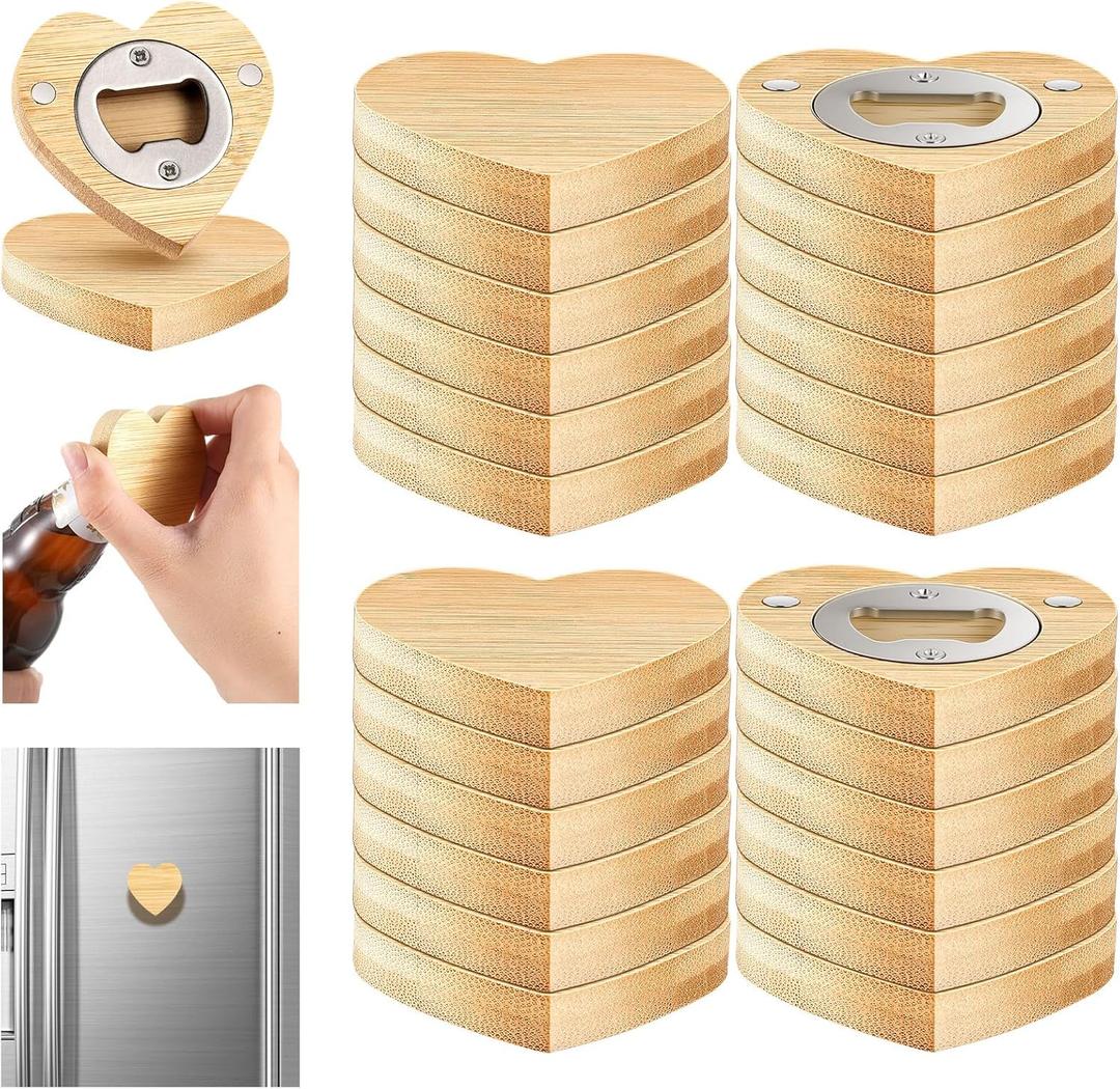 Vesici 50 Pcs Magnetic Bottle Opener 2.5in DIY Bamboo Heart Shape Beer Openers Wooden Fridge Magnet Refrigerator Sticker Gift for Beer Lover Wedding Guest Kitchens Bars Parties