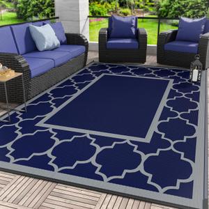 2 x GENIMO Outdoor Rug 9' x 12' Patio Waterproof, Foldable Reversible Plastic Straw Area Rugs Mat for Camper Decor, Outside Carpet for Rv, Deck, Porch, Picnic, Beach, Balcony, Blue & Grey