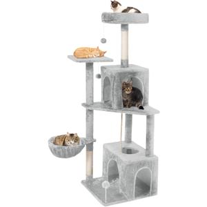 54 Inch Multi-Level Cat Tree Tower with Hammock, Condos & Scratching Posts, Large Cat Furniture for Indoor Cats with Pompoms, Light Grey