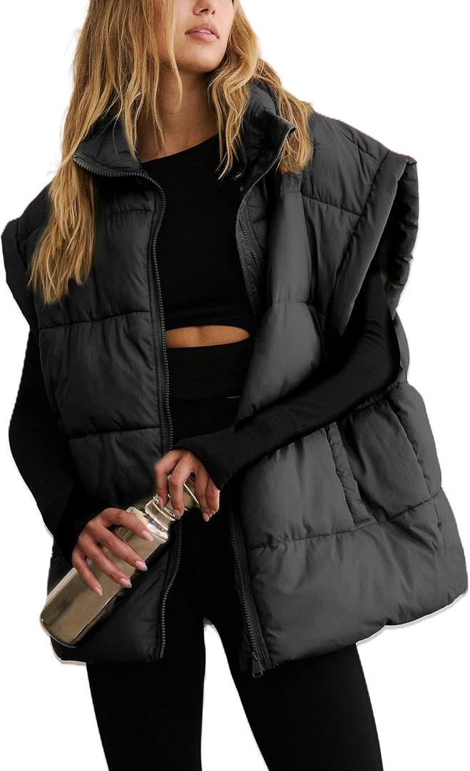 APAFES Women Winter Oversized Puffer Vest Lightweight Stand Collar Flysleeve Insulated Padded Puffy Jackets Coat with Pockets (Small, Black)