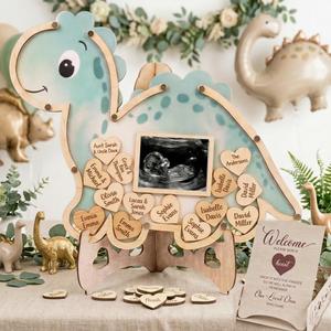 Dinosaur Guest Book Alternative Keepsake Frame - Baby Shower - Birthdays - Gender Reveal - Decorations - Premium Wooden Shadow Box Nursery Decorations - Gift Idea - Wooden Tokens and Token Sign Box Included - OneASaurus Theme (Green)