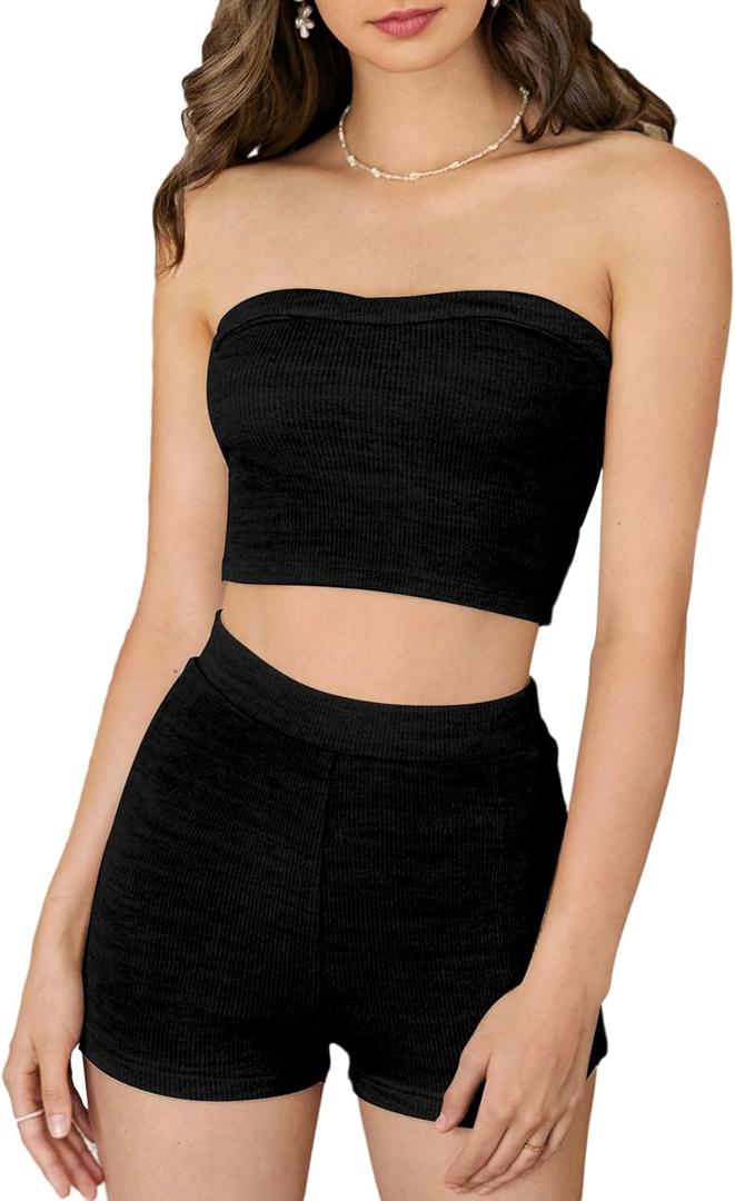 Verdusa Women's 2 Piece Outfit Ribbed Crop Bandeau Tube Top and Biker Track Shorts Sets (Dark Black)