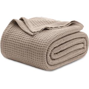 Bedsure 100% Cotton Blanket Queen Size for Bed - Breathable and Soft, Waffle Weave Blanket for Summer Spring, Tan, 90x90 Inches