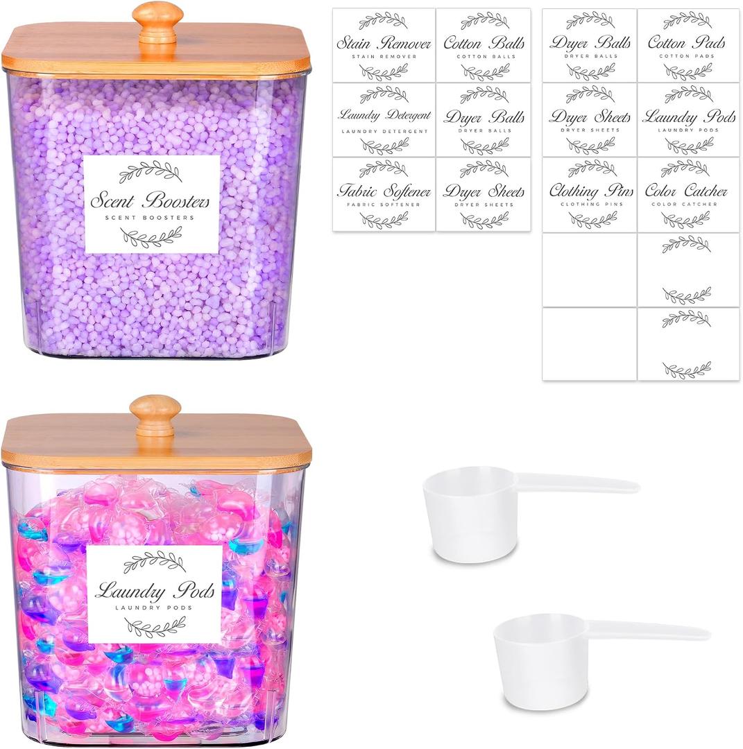 Efluky 2 Pack Laundry Pods Container & Dryer Sheet Holder Set,Clear Laundry Room Organization Containers with Bamboo Lids and Labels,Laundry Pods Holder for Scent Booster,Powder,Pod
