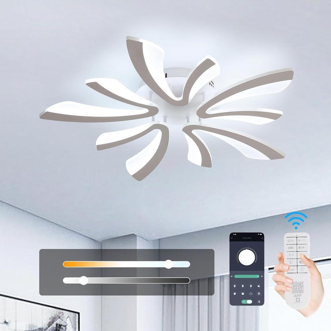 Goeco Lmpara de techo moderna, LED, regulable, blanca con 5 cabezales acrlicos en forma de V, 3000 K/4000 K/6500 K con control remoto para sala de estar, comedor, dormitorio