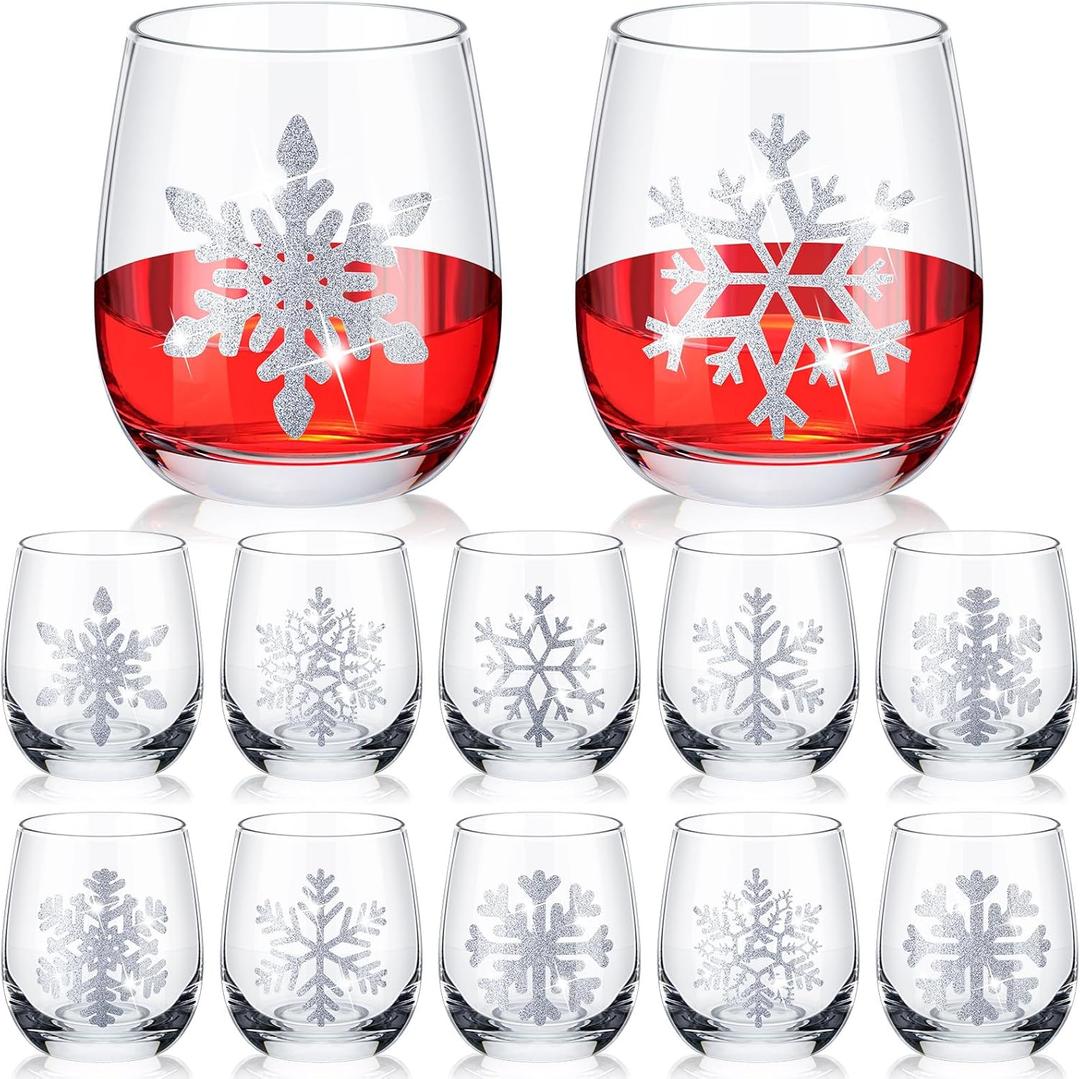 Zhehao 12 Pcs Winter Glass 12oz Snowflake Stemless Glass Cups, Holiday Themed Drinking Glasses, Winter Party Gift for Celebration
