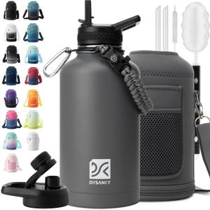 Insulated Water Bottle | Thickened Stainless Steel Vacuum Metal | Portable Sports Half Gallon Large Water Jug for Gym and Hiking with Straw, Carrier Bag, Handle Strap | BPA-Free 64 oz (Dark Gray)