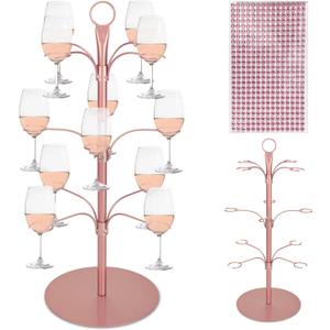 Goldmeet 3 Tier Cocktail Tree Stand, Champagne Tower with 12 Holders, Metal Glasses Holder with Crystal Stickers for Cocktails Martini Wine, Drink Display Tree for Home Bar Wedding Party