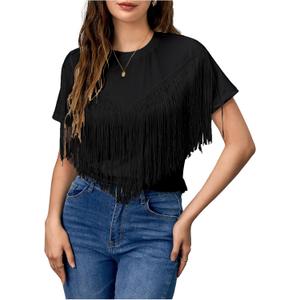 Verdusa Women's Short Sleeve Fringe Tops Tassel Trim Cowgirl Shirts Western Outfits (X-Large, Black)