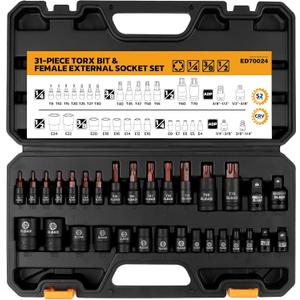 31-Piece Torx Bit Socket Set: 14 Star Bits T8-T70 & 13 E-Torx Sockets E4-E24, Premium CR-V & S2 Alloy Steel, High Torque Laser Marked for Automotive Mechanic