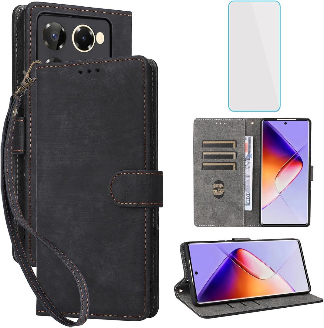 for Infinix Note 40 Pro Plus 5G / Infinix Note 40 Pro Wallet Phone Case with Screen Protector [RFID Blocking] Leather Kickstand Women Cell Phone Case for Infinix Note40 Pro + 4G 5G Black