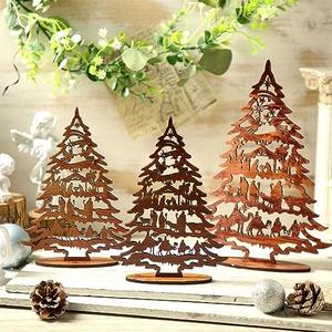 Huwena 3 Pcs Christmas Nativity Scene Table Ornament Vintage Jesus Nativity Set Rustic Farmhouse Holiday Wood Tree Wooden Christmas Tree Tabletop Decoration for Home Tiered Decor Xmas Signs (Classic)