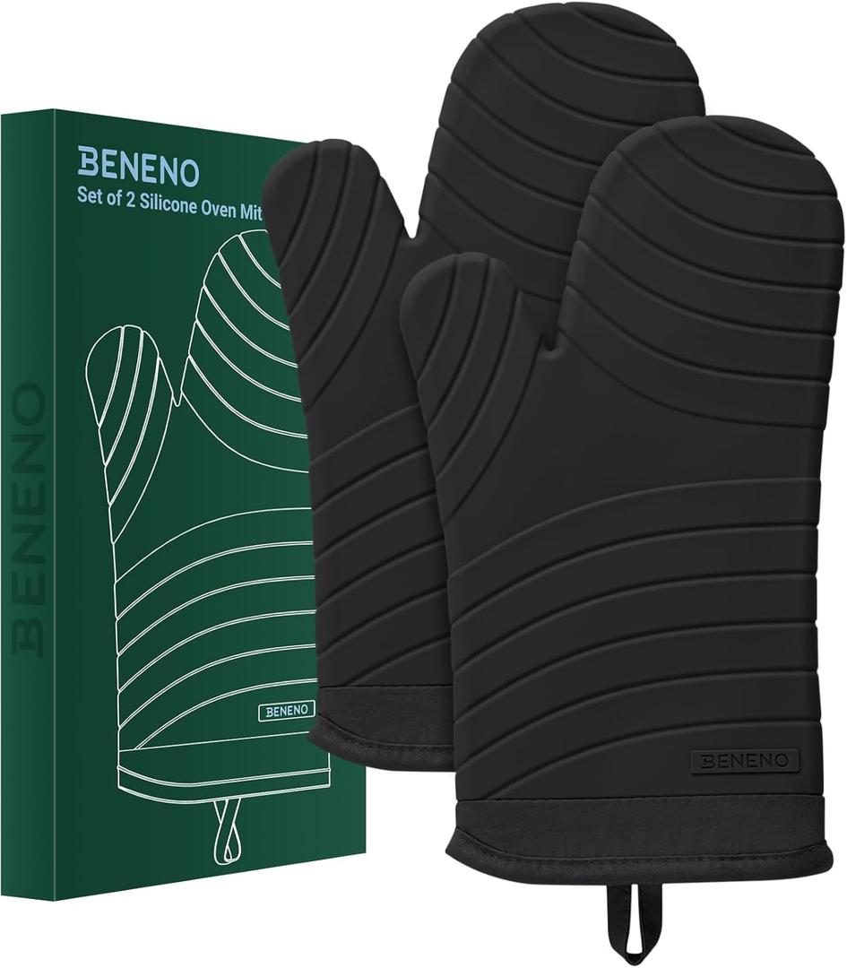 Beneno BPA-Free Silicone Oven Mitt 2-Pack Set, Heat Resistant 500F Oven Mitts with Non-Slip Grip, Soft Thicker Lining, 7"x13", Black