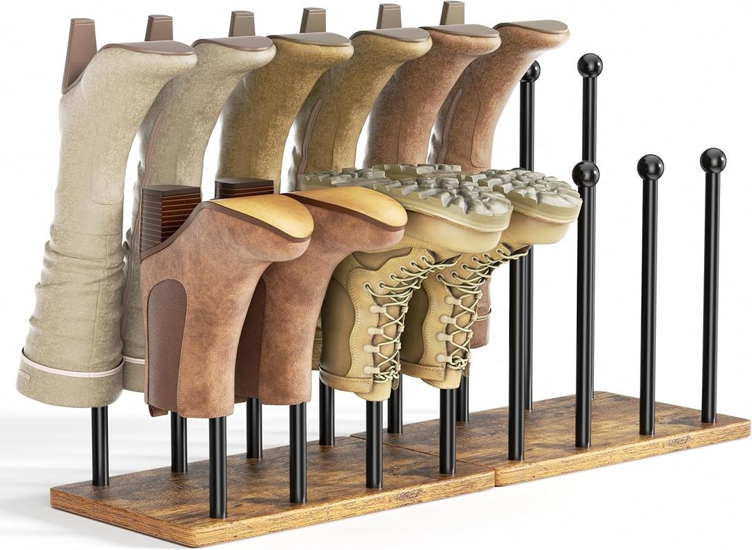 pickpiff Boot Rack 8-Pair Shoe Organizer Tall 16.4'' Free Standing Shoes Holder Metal With Wood Base (Black)