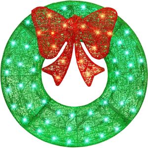 ATDAWN 26 Inch Christmas Wreath, Outdoor Christmas Wreath Decoration, Lighted Xmas Wreath for Christmas Home Wall Door Decoration (Green)