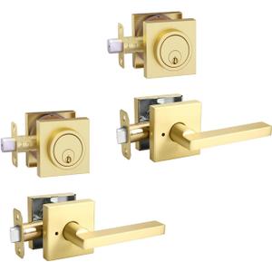 Gold Heavy Duty Privacy Lever Door Handle and Single Cylinder Deadbolt Lock and Key Combo Pack - Locking Lever Set for Left or Right-Handed Doors - Exterior Door Levers - Satin Brass,2pack