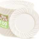 U-QE 100 Count 9 Inch Ivory Plastic Plates for Party - Scalloped Disposable Dinner Plates - Premium Hard Fancy Disposable Heavy Duty Party Supplies for Birthdays, Celebrations, Weddings and Events