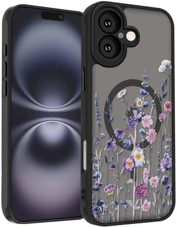 SobLn for iPhone 16 Case, Black Floral Flower Pattern Case [Compatible with MagSafe] [Translucent Matte] Cute Slim Shockproof Protective Women Girls Phone Case 6.1", Colorful Flowers