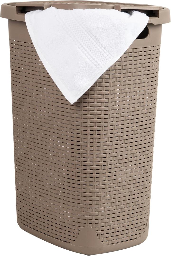 Mind Reader Slim Laundry Hamper with Lid, 60L Tall Clothes Basket, Narrow Tapered Design for Bathrooms, Closets and Laundry Rooms, Plastic, Tan