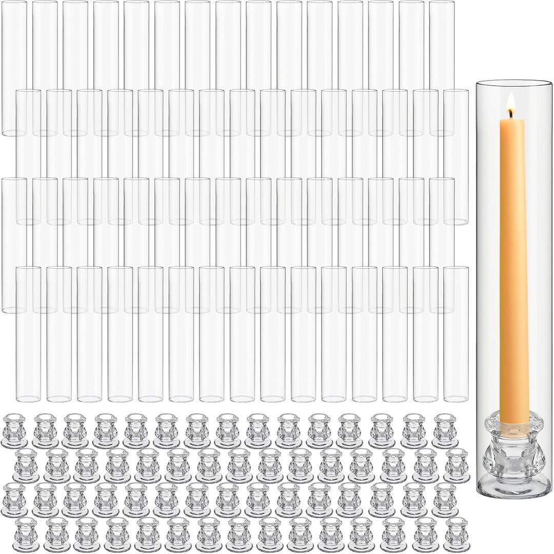 60 Set Glass Hurricane Candle Holders 12.6" Open Ended Glass Candleholder Tube Shape Bottomless and 2.2" Taper Clear Candlestick Holders for Valentine's Day Wedding Table Centerpiece (Clear)