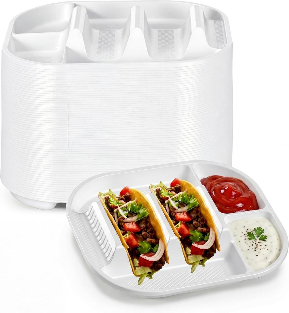 Baderke 60 Pack Disposable Plastic Taco Plates, Fiesta Tacos Holder Tray PP Taco Holder Plates with 2 Dividers for Soft & Hard Shells for Tacos Tuesday Bar, Parties, Picnics (White)