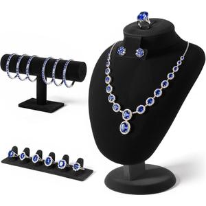 3Pcs Black Velvet Jewelry Display Set, Including Necklace Mannequin Bust Stand, T Shape Bracelet Stand, Ring Finger Jewelry Holder, for Retail Display Organization Home Decor