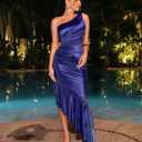 CurvySweet Women's One Shoulder Satin Ruched Asymmetrical Formal Maxi Dress (M)