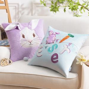 Ashler Easter Bunny Throw Pillow Covers, Rabbit and Letters Pillow Covers with 3D Rabbit Ears, Soft Velvet Easter Decorative Pillowcase for Bedroom, Living Room, Set of 2, Purple, 18 x 18 Inch