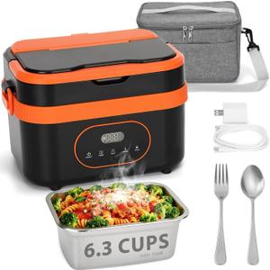 Cordless Electric Heated Lunch Box for Adults, 6.3 Cups & 16000mAh Battery Powered Smart Timer Self Heating Lunchbox for Men Women, Portable Food Warmer with Removable Divider for Work & Outdoor